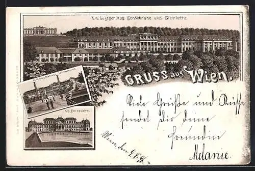 Lithographie Wien, K. K. Lustschloss Schönbrunn und Gloriette, K. K. Belvedère