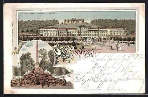 Lithographie Wien I, Lustschloss Schönbrunn und Gloriette, Obelisk um 1900