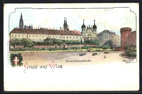 Lithographie Wien, Soldaten vor der Dominikanerkirche