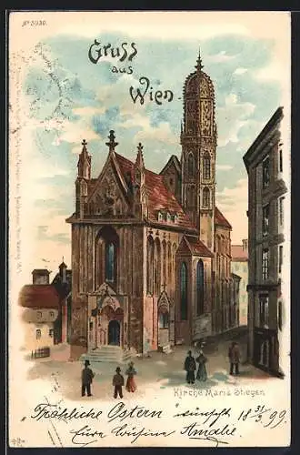 Lithographie Wien, Kirche Maria Stiegen mit Passanten