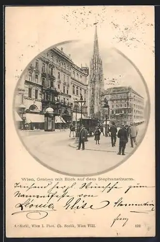 AK Wien, Graben mit Blick auf den Stephansturm, Pferdebahn