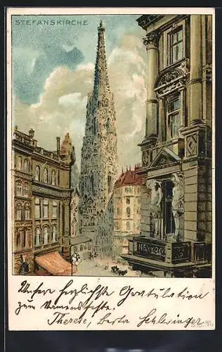 Lithographie Wien I, Stephansplatz, Stephansdom, Geschäfte am Dom um 1900