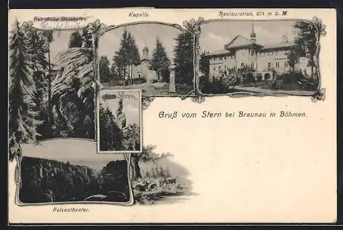 AK Braunau in Böhmen, Stern-Felsen, Restauration, Kapelle, Felsentheater