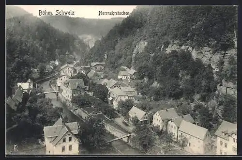 AK Herrnskretschen i. Böhm. Schweiz, Totalansicht von einen Berg aus