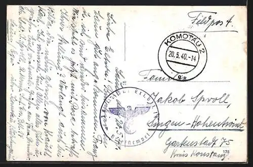 AK Laun / Louny, Ortsansicht mit Brücke, Boot