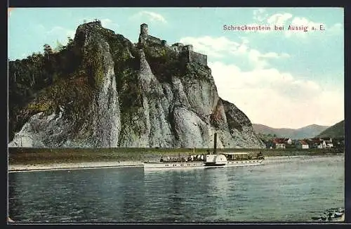 AK Aussig a. E., Blick zur Burgruine Schreckenstein