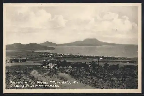 AK St. Kitts, W. I., Basseterre from Olivees Hill, showing Nevis in the distance