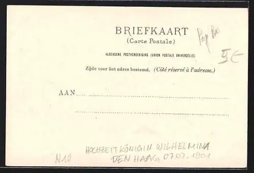 AK Den Haag, Hochzeit Königin Wilhelmina 1901, Brautkutsche auf dem Weg