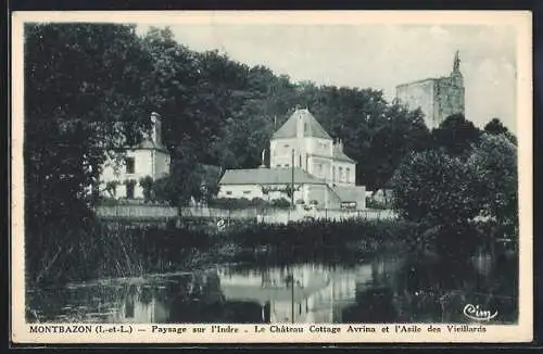 AK Montbazon /I.-et-L., Paysage sur l`Indre, Le Chateau, Cottage Avrina et l`Asile des Vieillards