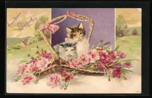 Lithographie Zwei kleine Katzen im Blumenkörbchen vor einer Landschaft