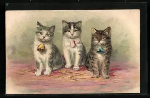 Lithographie Katzen mit bunten Schleifen um den Hals