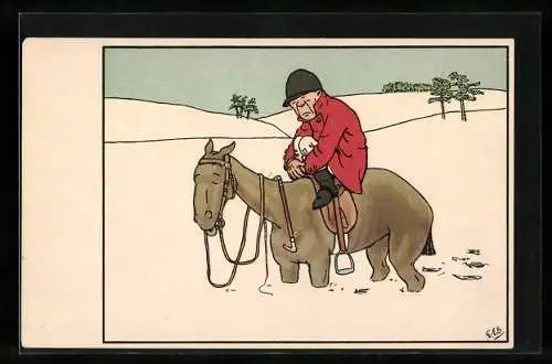 Lithographie Ermüdeter Reiter auf seinem Pferd im Schnee, Karikatur