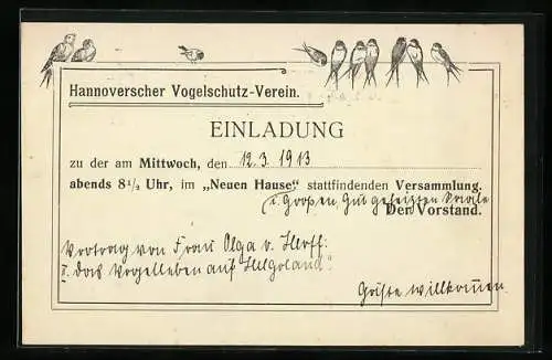 AK Hannover, Vogelschutz-Verein, Einladung zur Versammlung, 1913, Schwalben