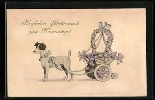 AK Hund zieht Kinderwagen mit Rosenschmuck, Namenstagsgruss