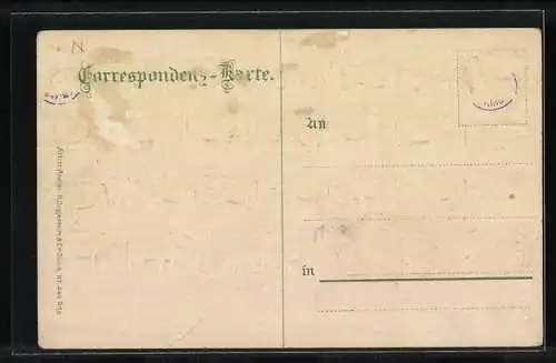 Präge-Lithographie Tirol, Almabtrieb mit Kühen, Ziegen, Schweinen zum Bauernhaus