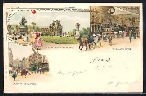 Lithographie Paris, Le Pavillon de Flore, L`Avenue de l`Opéra