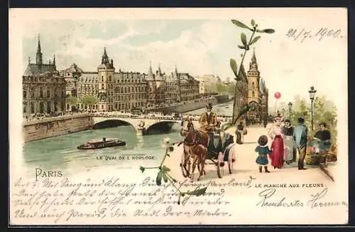 Lithographie Paris, Le Quai de L`Horloge - Le Marchè aux Fleurs