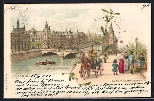 Lithographie Paris, Le Quai de L`Horloge - Le Marchè aux Fleurs