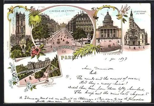 Lithographie Paris, La Tour Saint-Jacques, l`Avenue de l`Opéra, le Panthéon, St-Etienne du Mont