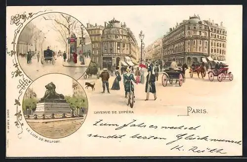 Lithographie Paris, L`Avenue de l`Opera & le Lion de Belfort