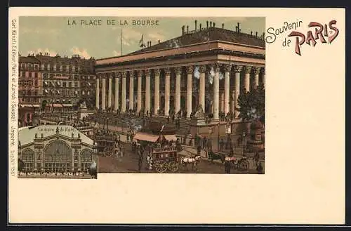 Lithographie Paris, La Place de la Bourse, La Gare du Nord