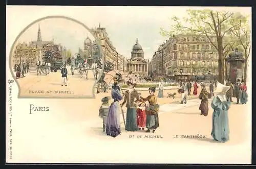 Lithographie Paris, Place St. Michel, Le Pantheon