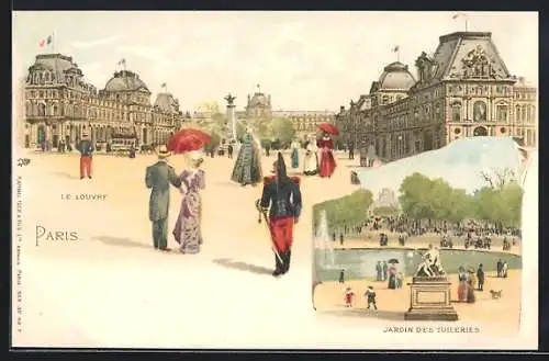 Lithographie Paris, Le Louvre, Jardin des Tuileries, Pferdebahn