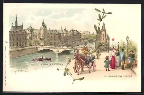 Lithographie Paris, Le Quai de L`Horloge - Le Marchè aux Fleurs