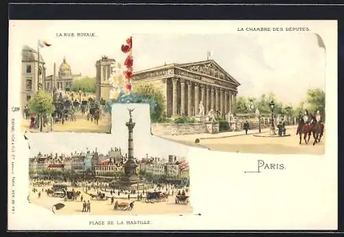 Lithographie Paris, La Rue Royale, La Chambre des Députés, Place de la Bastille