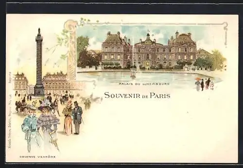 Lithographie Pris, Palais du Luxembourg, Colonne Vendôme