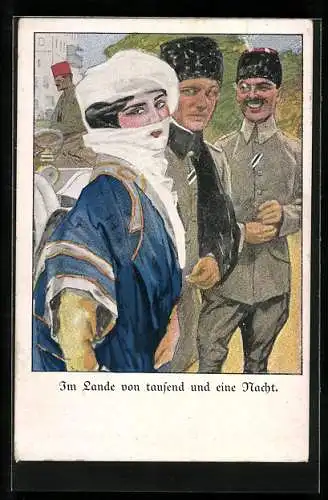 Künstler-AK Ernst Heilemann: Im Lande von 1001 Nacht, dt. Soldaten mit einer verschleierten Frau