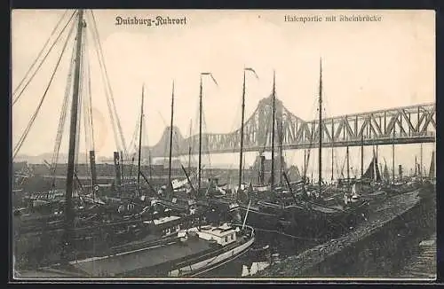 AK Duisburg-Ruhrort, Hafenpartie mit Rheinbrücke