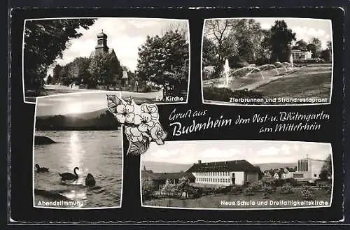 AK Budenheim, Ev. Kirche, Zierbrunnen und Strandrestaurant, Abendstimmung, Neue Schule und Dreifaltigkeitskirche