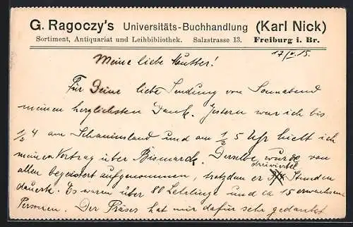 AK Freiburg i. Br., Geschäftskarte der Firma G. Ragoczy`s Universitäts-Buchhandlung