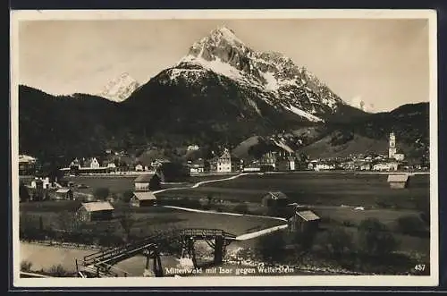 AK Mittenwald, Ortsansicht mit Isar gegen Wetterstein