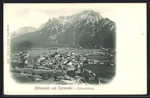 AK Mittenwald, Ortsansicht und Karwendel vom Kalvarienberg