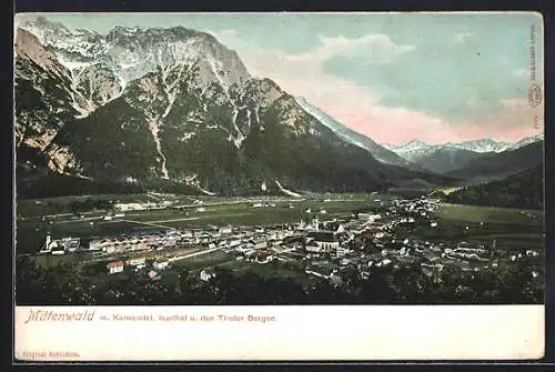 AK Mittenwald, Ortsansicht mit Karwendel, Isarthal und den Tiroler Bergen