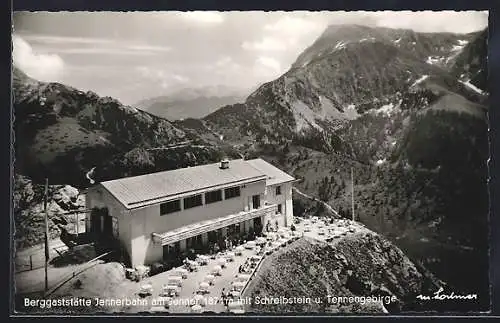 AK Schönau /Berchtesgaden, Berggaststätte Jennerbahn am Jenner mit Schreibstein und Tennengebirge