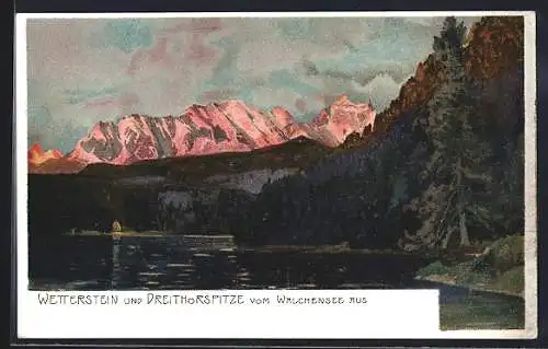 Künstler-AK Zeno Diemer: Walchensee, Wetterstein und Dreitorspitze vom Walchensee aus