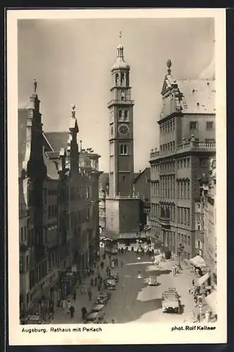 AK Augsburg, Rathaus mit Perlach, Strassenbahn