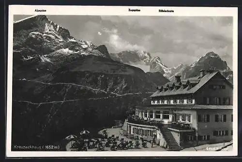 AK Garmisch-Partenkirchen, Gasthof Kreuzeckhaus mit Zugspitze