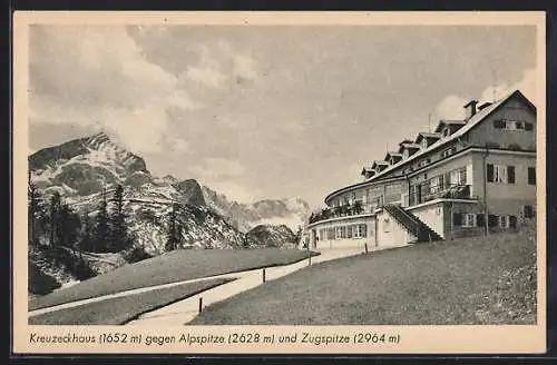 AK Garmisch-Partenkirchen, Gasthof Kreuzeckhaus gegen Alpspitze und Zugspitze