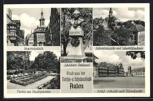 AK Aalen, Marktplatz, Partie im Stadtgarten, Schubartdenkmal, Salvatorkirche m. Schwesternhaus, Bohl-Schule m. Turnhalle