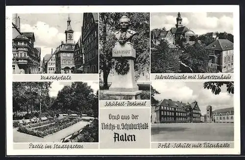 AK Aalen, Marktplatz, Partie im Stadtgarten, Schubartdenkmal, Salvatorkirche m. Schwesternhaus, Bohl-Schule m. Turnhalle