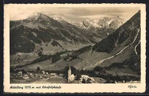 AK Mittelberg, Blick ins Tal auf die Kirche und die Schafalpköpfe