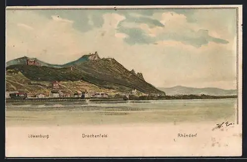 Künstler-AK Rhöndorf a. Rh., Ortsansicht mit Löwenburg und Drachenfels