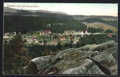 AK Schierke /Harz, Ortsansicht mit Mauseklippe