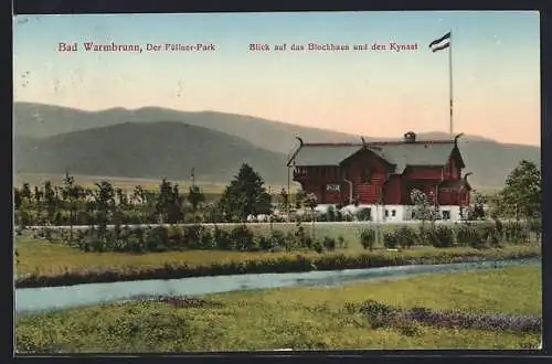 AK Bad Warmbrunn, Der Füllner-Park, Blick auf das Blockhaus und den Kynast