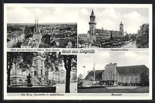 AK Liegnitz, Blick a. d. Ring u. d. Peter u. Paul Kirche, Piastenschloss, Bahnhof, am Ring, Ratskeller m. Giebelhäuser