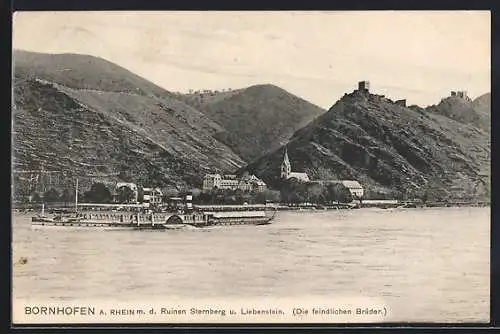 AK Bornhofen a. Rhein, Uferpartie mit den Ruinen Sternberg und Liebenstein, Die feindlichen Brüder